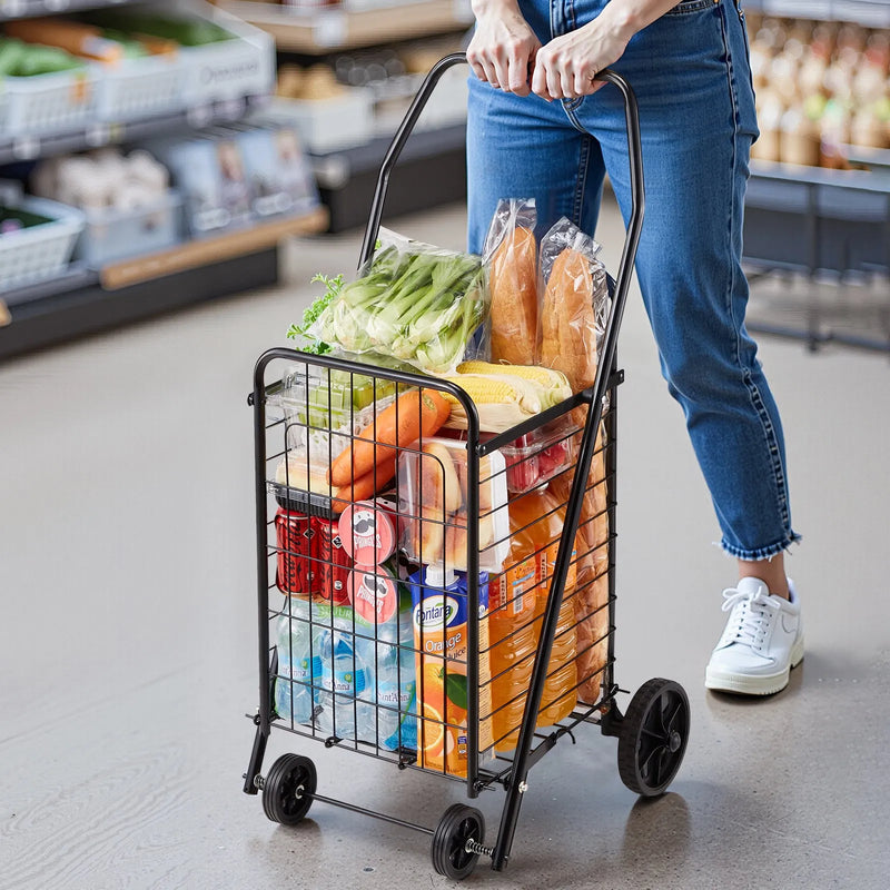 VEVOR iepirkumu ratiņi, salokāmi pārtikas un sadzīves ratiņi ar grozāmiem riteņiem, 40,8 kg liela celtspēja, pastiprinātas konstrukcijas ripojošs veļas grozs ratiņu formā veļai, iepirkumiem, kempingam, pārtikai un bagāžai, melnā krāsā