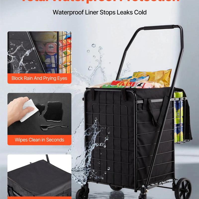 VEVOR iepirkumu ratiņi, salokāmi universālie ratiņi ar diviem groziem, ūdensizturīgu ieliktni un riteņiem, 45 kg liela celtspēja, pastiprinātas konstrukcijas veļas grozs veļai, iepirkumiem, kempingam, pārtikai un bagāžai