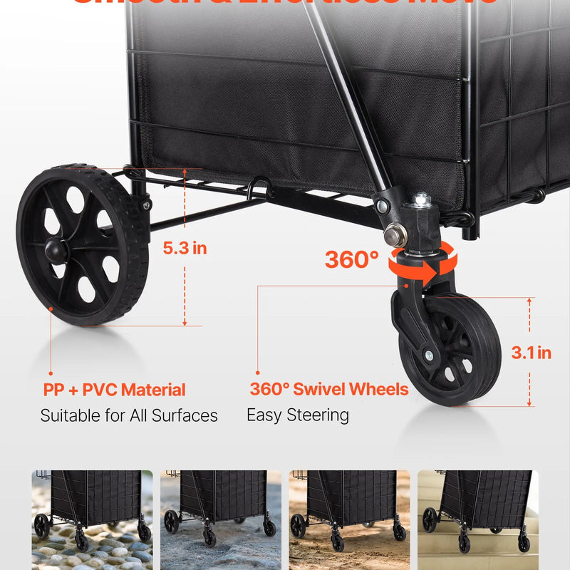 VEVOR iepirkumu ratiņi, salokāmi universālie ratiņi ar diviem groziem, ūdensizturīgu ieliktni un riteņiem, 45 kg liela celtspēja, pastiprinātas konstrukcijas veļas grozs veļai, iepirkumiem, kempingam, pārtikai un bagāžai