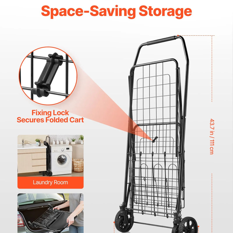 VEVOR iepirkumu ratiņi, salokāmi universālie ratiņi ar diviem groziem, ūdensizturīgu ieliktni un riteņiem, 45 kg liela celtspēja, pastiprinātas konstrukcijas veļas grozs veļai, iepirkumiem, kempingam, pārtikai un bagāžai