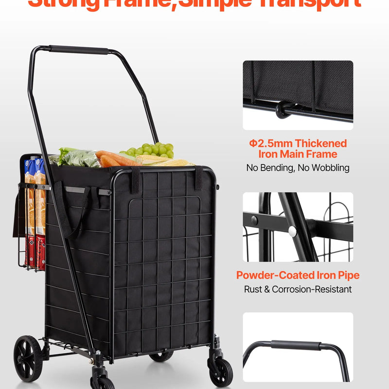 VEVOR iepirkumu ratiņi, salokāmi universālie ratiņi ar diviem groziem, ūdensizturīgu ieliktni un riteņiem, 45 kg liela celtspēja, pastiprinātas konstrukcijas veļas grozs veļai, iepirkumiem, kempingam, pārtikai un bagāžai