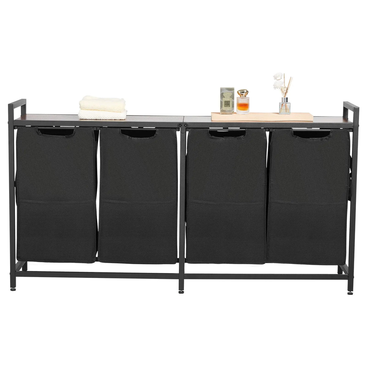 4-Compartment Laundry Sorter, Large Laundry Basket with Metal Frame and Wood Top, Freestanding Storage Organiser with Removable 600D Oxford Fabric Bags for Dirty Laundry, Suitable for Bathroom