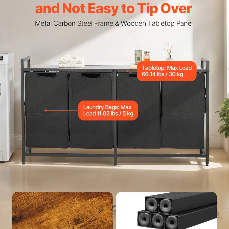 4 nodalījumu veļas šķirotājs, liels veļas grozs ar metāla rāmi un koka virsmu, brīvi stāvošs uzglabāšanas organizators ar izvelkamiem 600D oksforda auduma maisiem netīrajai veļai, piemērots vannasistabai