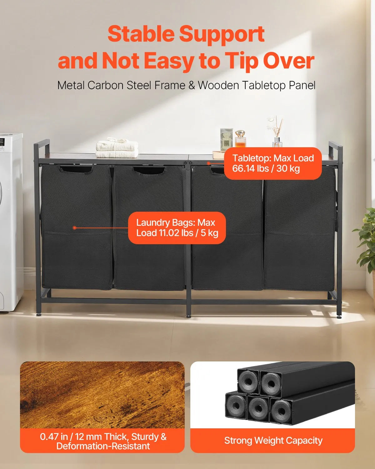 4-Compartment Laundry Sorter, Large Laundry Basket with Metal Frame and Wood Top, Freestanding Storage Organiser with Removable 600D Oxford Fabric Bags for Dirty Laundry, Suitable for Bathroom
