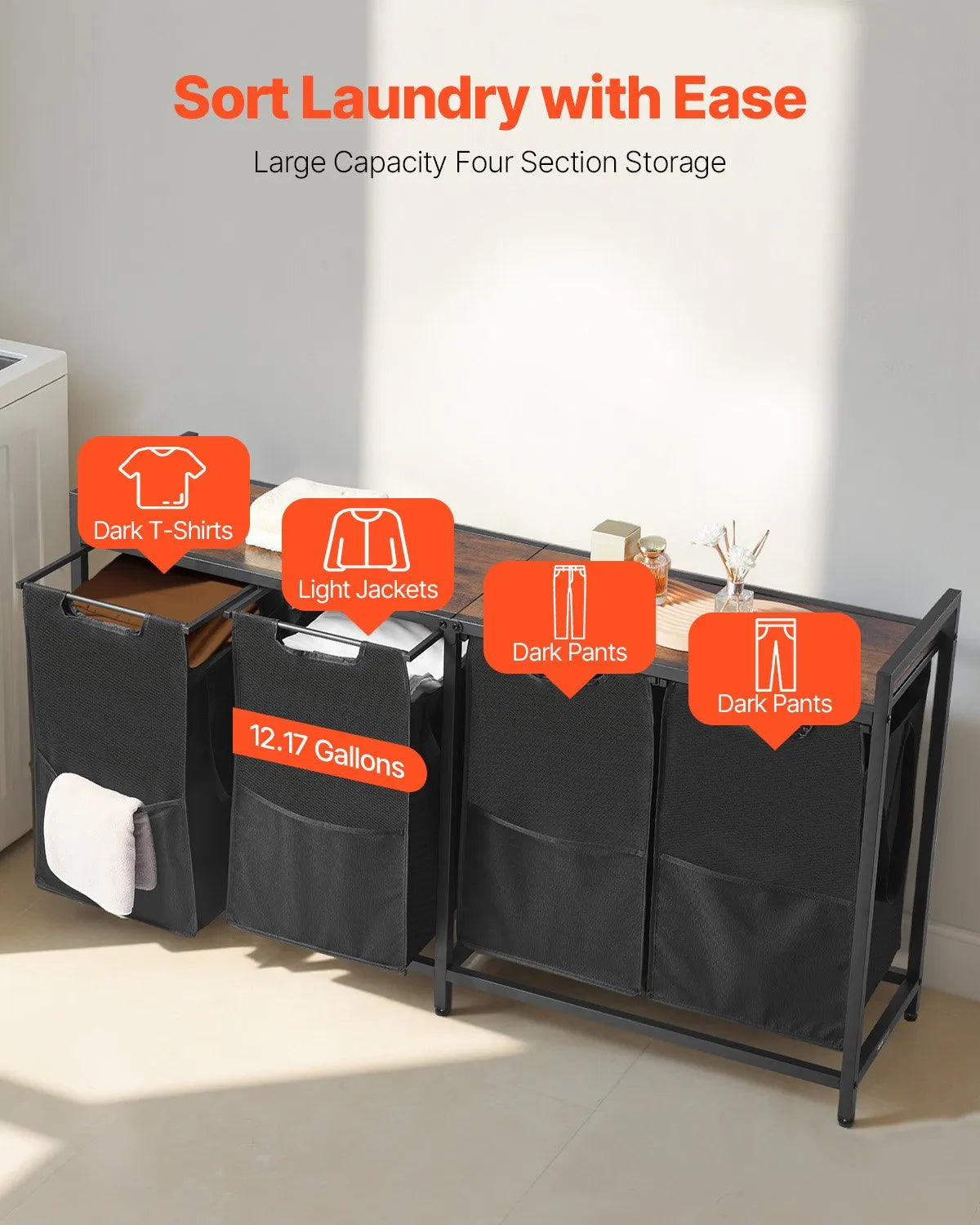 4-Compartment Laundry Sorter, Large Laundry Basket with Metal Frame and Wood Top, Freestanding Storage Organiser with Removable 600D Oxford Fabric Bags for Dirty Laundry, Suitable for Bathroom