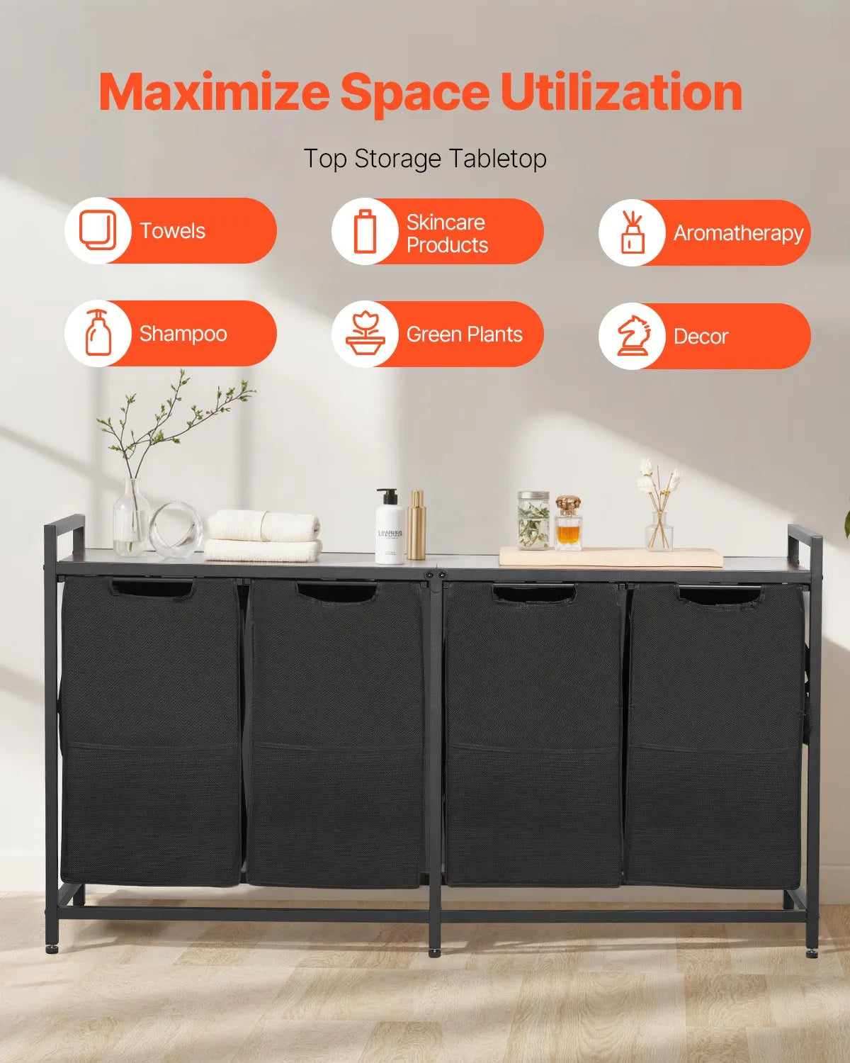 4-Compartment Laundry Sorter, Large Laundry Basket with Metal Frame and Wood Top, Freestanding Storage Organiser with Removable 600D Oxford Fabric Bags for Dirty Laundry, Suitable for Bathroom