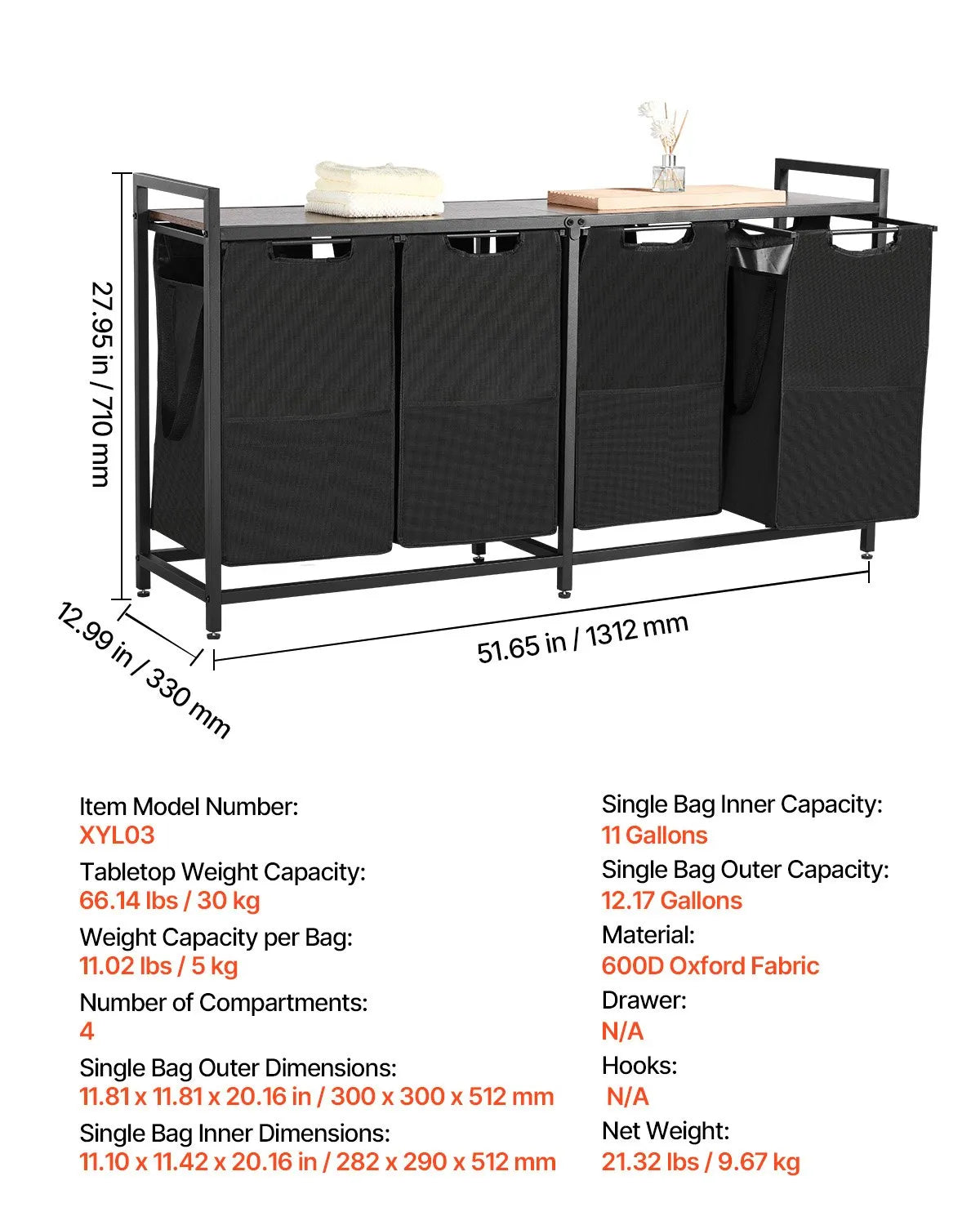 4-Compartment Laundry Sorter, Large Laundry Basket with Metal Frame and Wood Top, Freestanding Storage Organiser with Removable 600D Oxford Fabric Bags for Dirty Laundry, Suitable for Bathroom