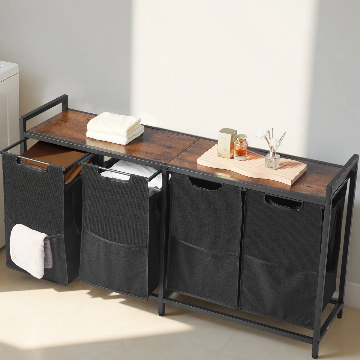 4-Compartment Laundry Sorter, Large Laundry Basket with Metal Frame and Wood Top, Freestanding Storage Organiser with Removable 600D Oxford Fabric Bags for Dirty Laundry, Suitable for Bathroom