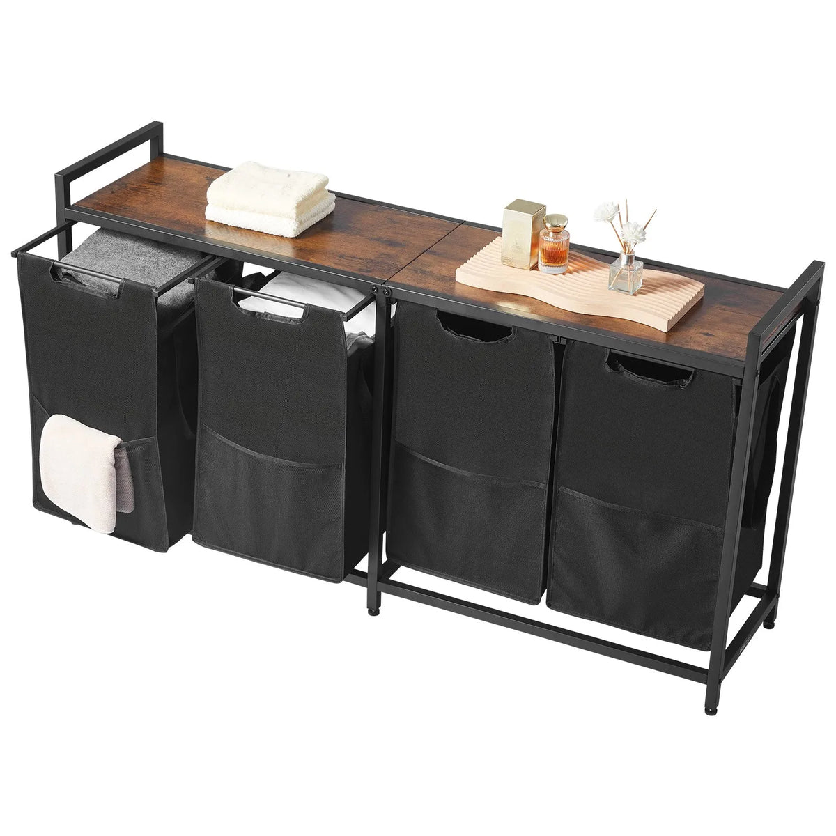 4-Compartment Laundry Sorter, Large Laundry Basket with Metal Frame and Wood Top, Freestanding Storage Organiser with Removable 600D Oxford Fabric Bags for Dirty Laundry, Suitable for Bathroom