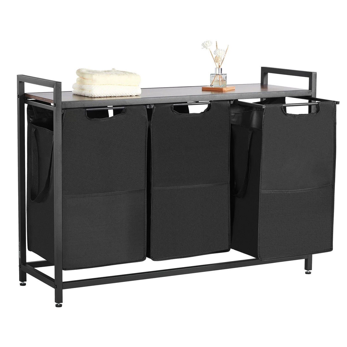 3-compartment laundry sorter, large laundry basket with metal frame and wooden top, freestanding storage organiser with removable 600D Oxford fabric bags for dirty laundry, suitable for bathroom