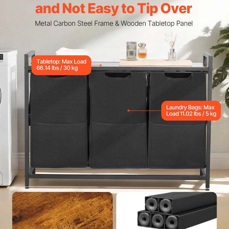 3 nodalījumu veļas šķirotājs, liels veļas grozs ar metāla rāmi un koka virsmu, brīvi stāvošs uzglabāšanas organizators ar izvelkamiem 600D oksforda auduma maisiem netīrajai veļai, piemērots vannasistabai