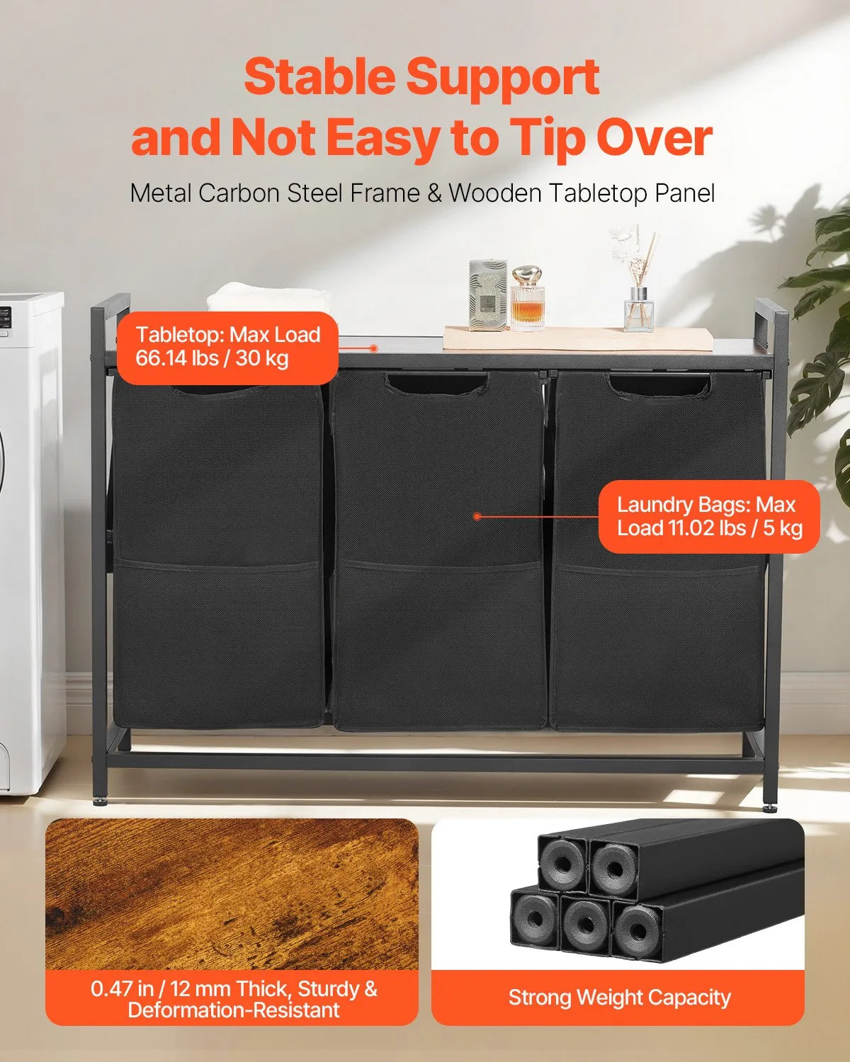 3-compartment laundry sorter, large laundry basket with metal frame and wooden top, freestanding storage organiser with removable 600D Oxford fabric bags for dirty laundry, suitable for bathroom