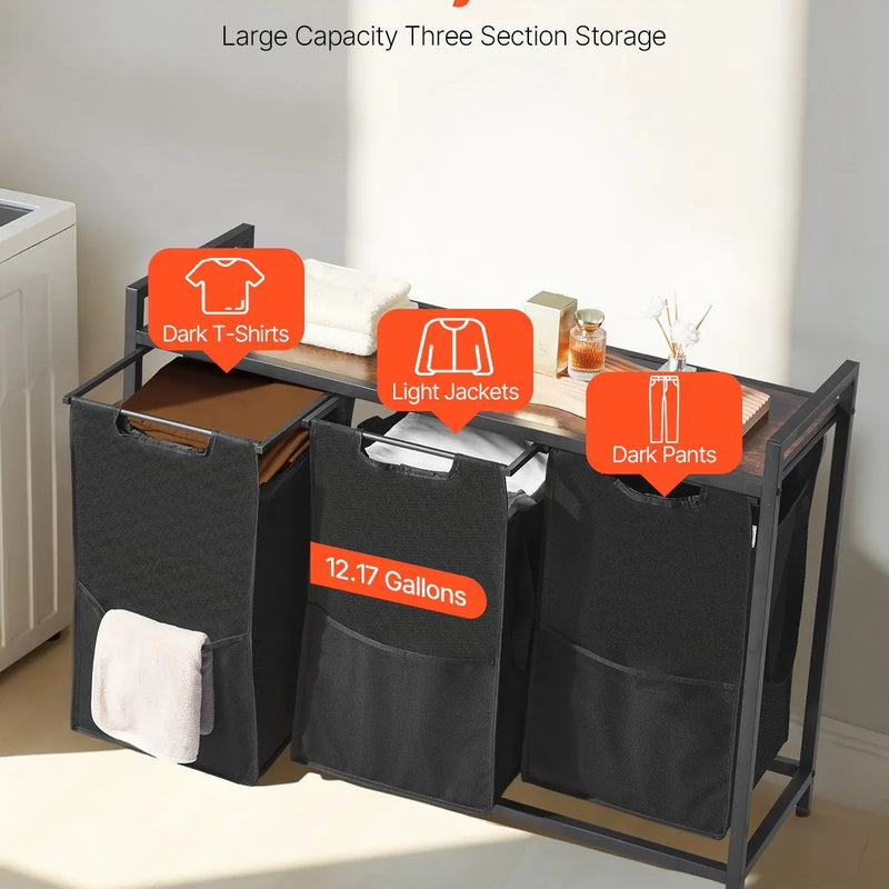 3 nodalījumu veļas šķirotājs, liels veļas grozs ar metāla rāmi un koka virsmu, brīvi stāvošs uzglabāšanas organizators ar izvelkamiem 600D oksforda auduma maisiem netīrajai veļai, piemērots vannasistabai