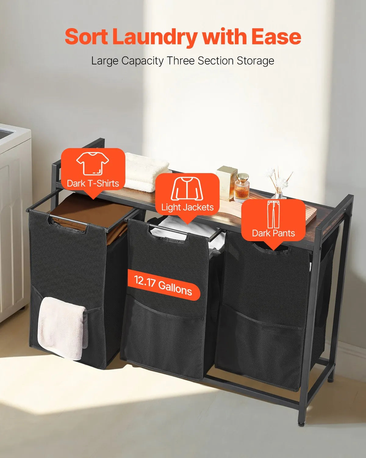 3-compartment laundry sorter, large laundry basket with metal frame and wooden top, freestanding storage organiser with removable 600D Oxford fabric bags for dirty laundry, suitable for bathroom