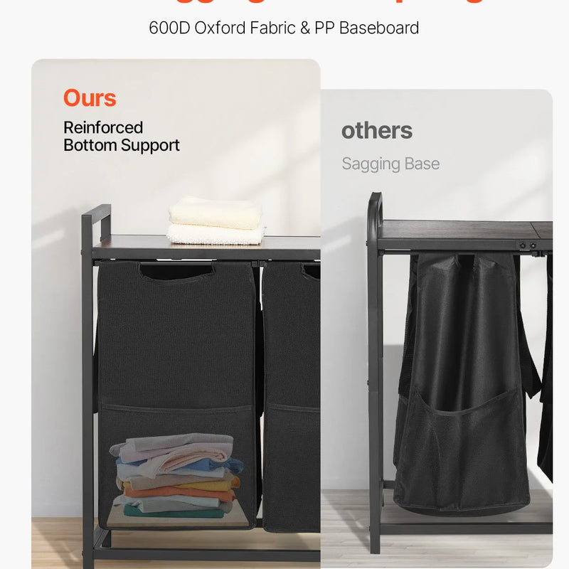 3 nodalījumu veļas šķirotājs, liels veļas grozs ar metāla rāmi un koka virsmu, brīvi stāvošs uzglabāšanas organizators ar izvelkamiem 600D oksforda auduma maisiem netīrajai veļai, piemērots vannasistabai