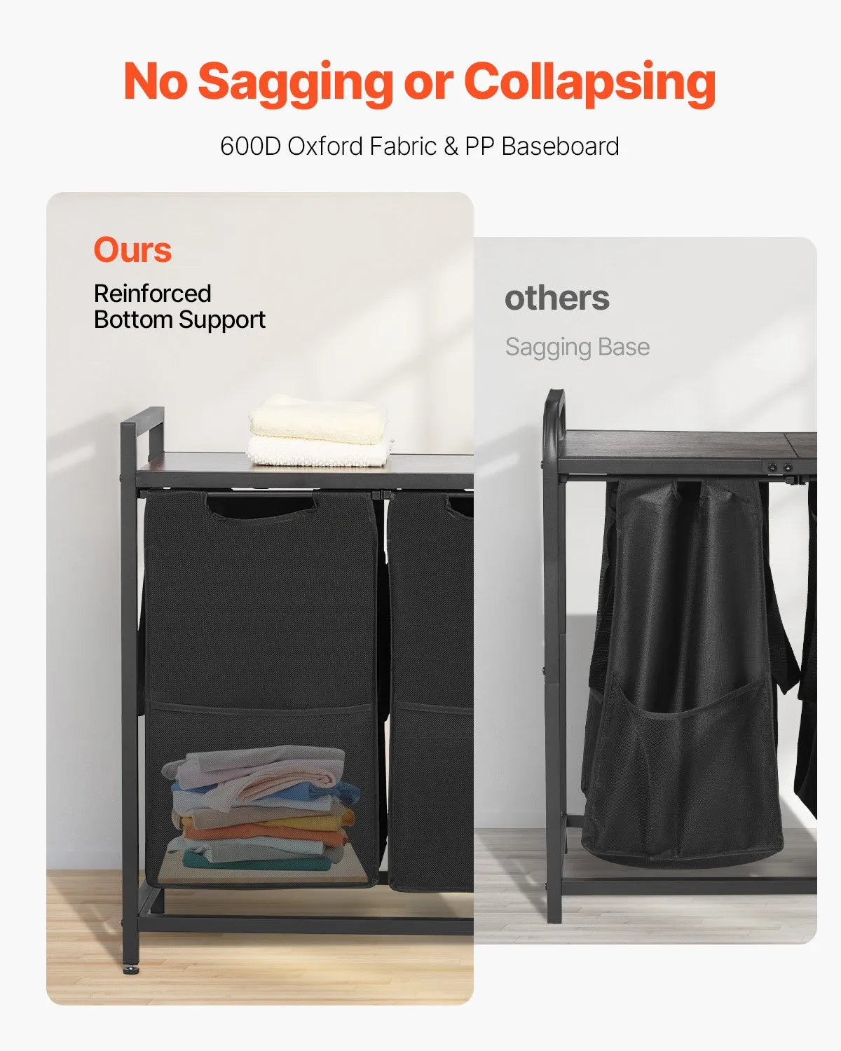 3-compartment laundry sorter, large laundry basket with metal frame and wooden top, freestanding storage organiser with removable 600D Oxford fabric bags for dirty laundry, suitable for bathroom