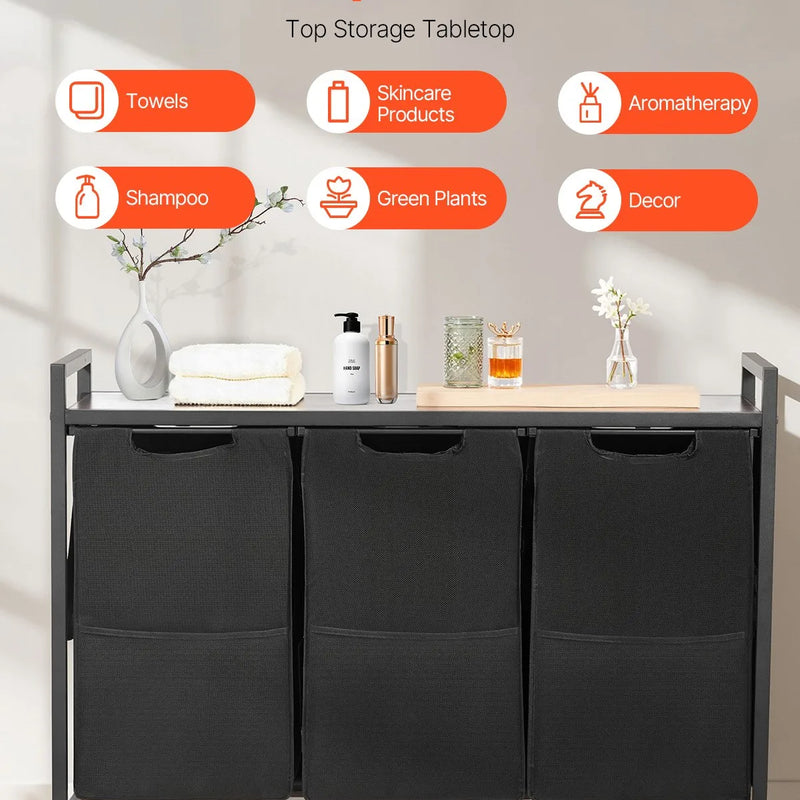 3 nodalījumu veļas šķirotājs, liels veļas grozs ar metāla rāmi un koka virsmu, brīvi stāvošs uzglabāšanas organizators ar izvelkamiem 600D oksforda auduma maisiem netīrajai veļai, piemērots vannasistabai