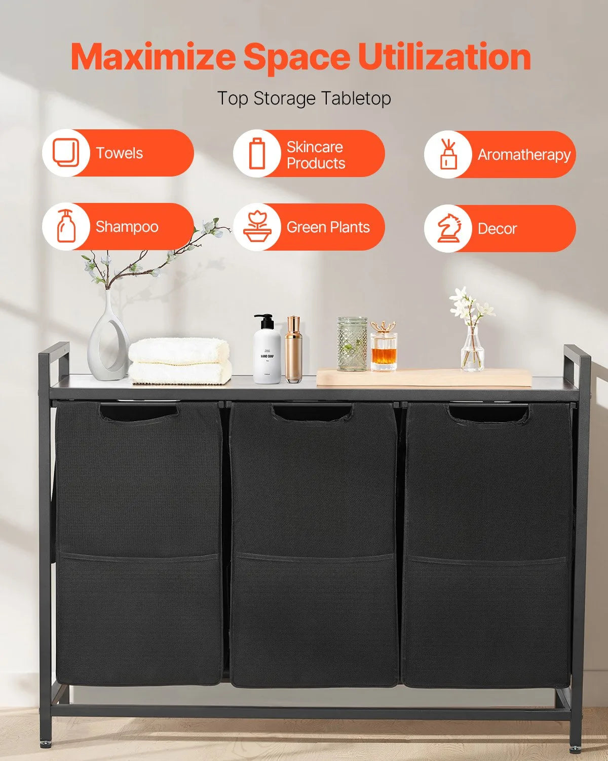 3-compartment laundry sorter, large laundry basket with metal frame and wooden top, freestanding storage organiser with removable 600D Oxford fabric bags for dirty laundry, suitable for bathroom