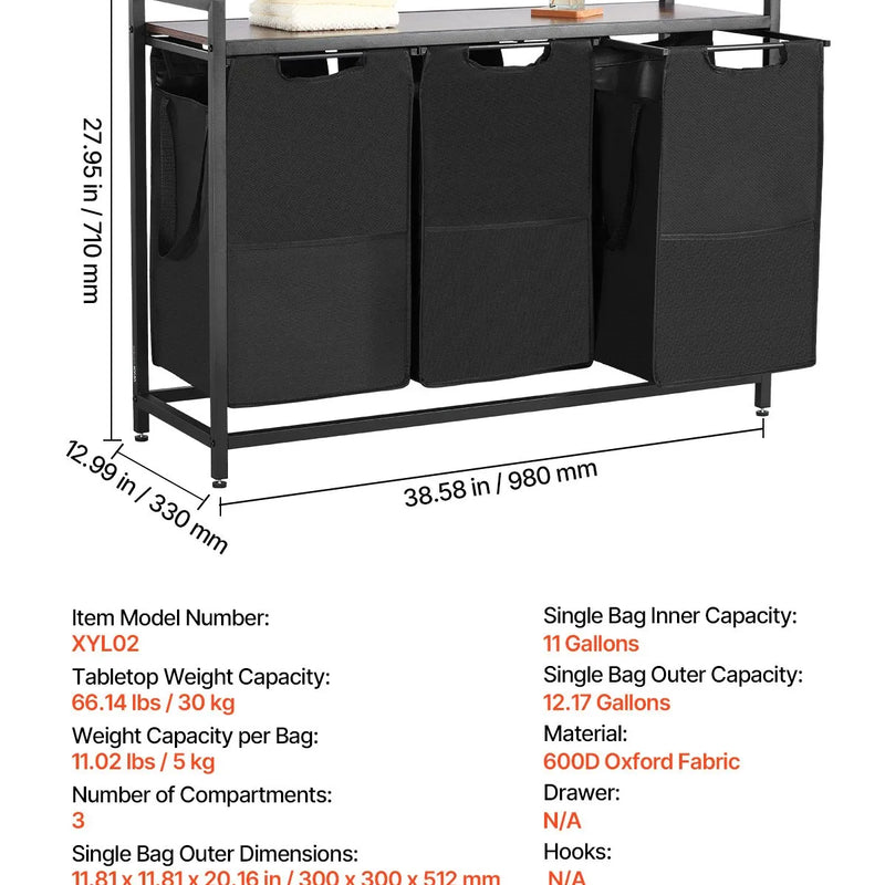3 nodalījumu veļas šķirotājs, liels veļas grozs ar metāla rāmi un koka virsmu, brīvi stāvošs uzglabāšanas organizators ar izvelkamiem 600D oksforda auduma maisiem netīrajai veļai, piemērots vannasistabai