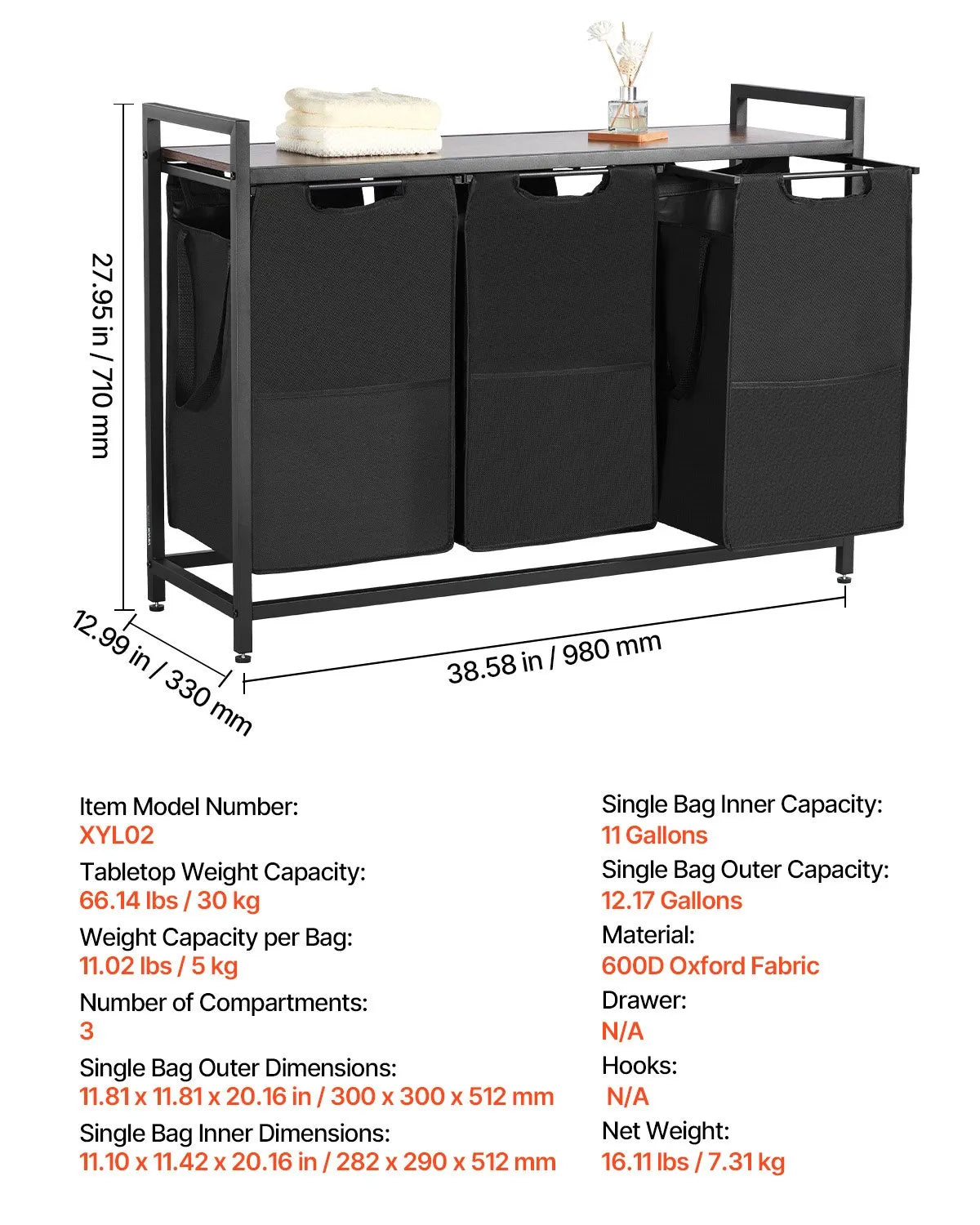 3-compartment laundry sorter, large laundry basket with metal frame and wooden top, freestanding storage organiser with removable 600D Oxford fabric bags for dirty laundry, suitable for bathroom