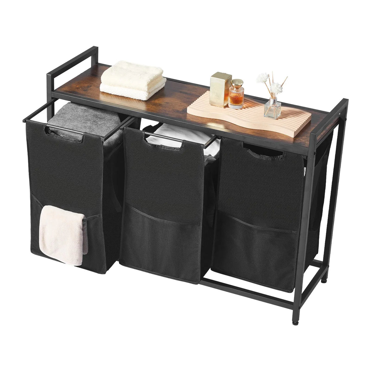 3-compartment laundry sorter, large laundry basket with metal frame and wooden top, freestanding storage organiser with removable 600D Oxford fabric bags for dirty laundry, suitable for bathroom