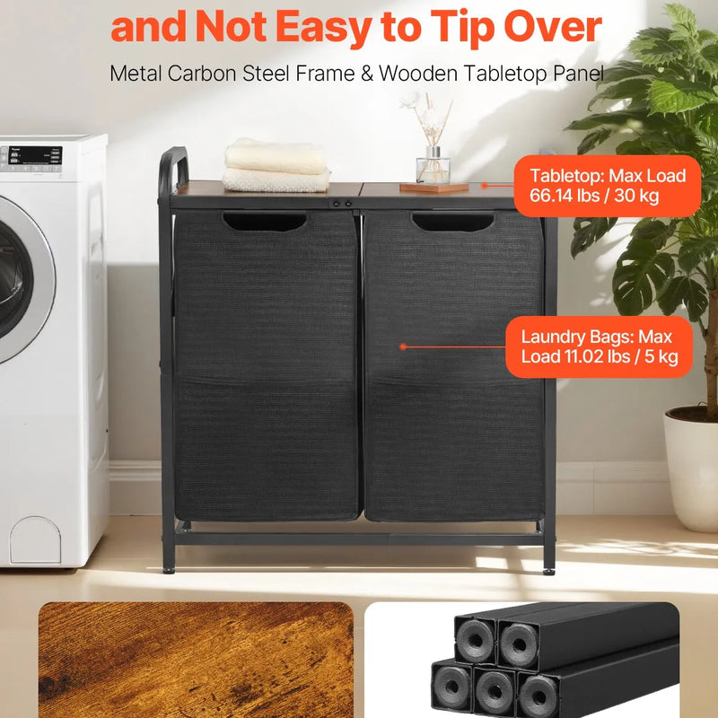 2 nodalījumu veļas šķirotājs ar metāla rāmi, koka virsmu un izvelkamiem 600D oksforda auduma maisiem