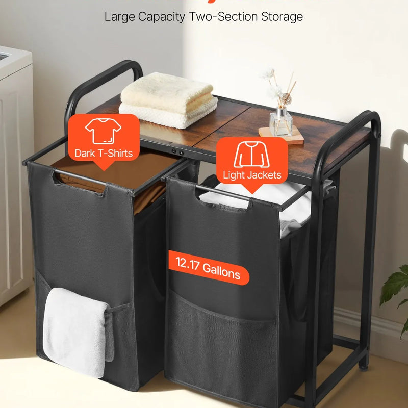 2 nodalījumu veļas šķirotājs ar metāla rāmi, koka virsmu un izvelkamiem 600D oksforda auduma maisiem