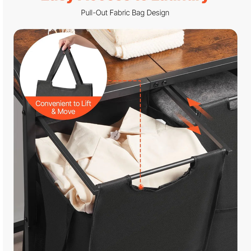 2 nodalījumu veļas šķirotājs ar metāla rāmi, koka virsmu un izvelkamiem 600D oksforda auduma maisiem