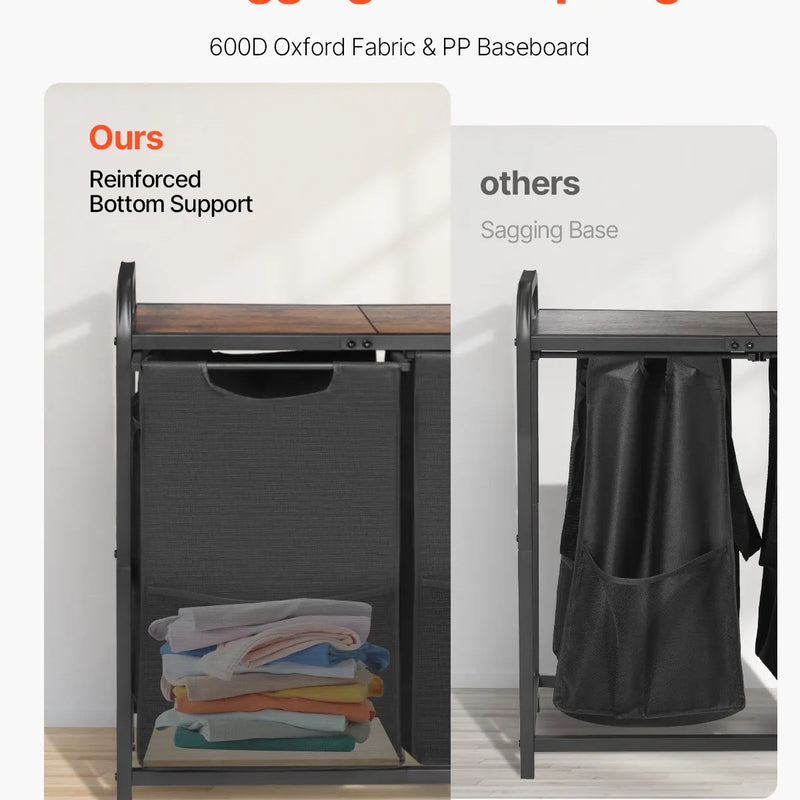 2 nodalījumu veļas šķirotājs ar metāla rāmi, koka virsmu un izvelkamiem 600D oksforda auduma maisiem