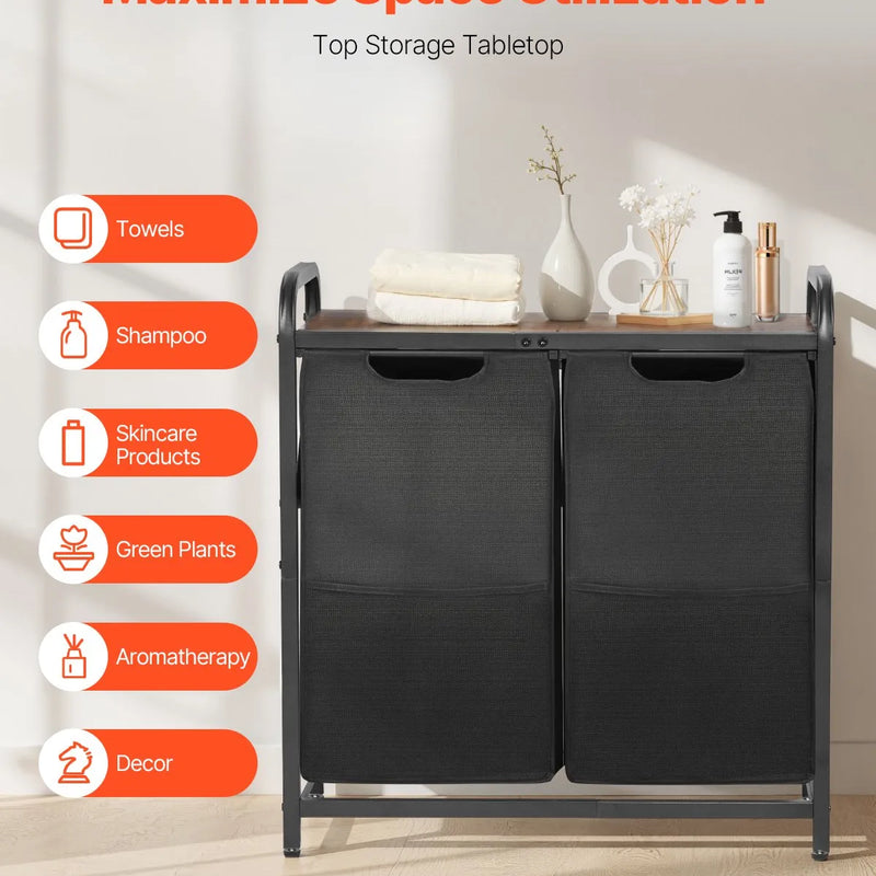 2 nodalījumu veļas šķirotājs ar metāla rāmi, koka virsmu un izvelkamiem 600D oksforda auduma maisiem