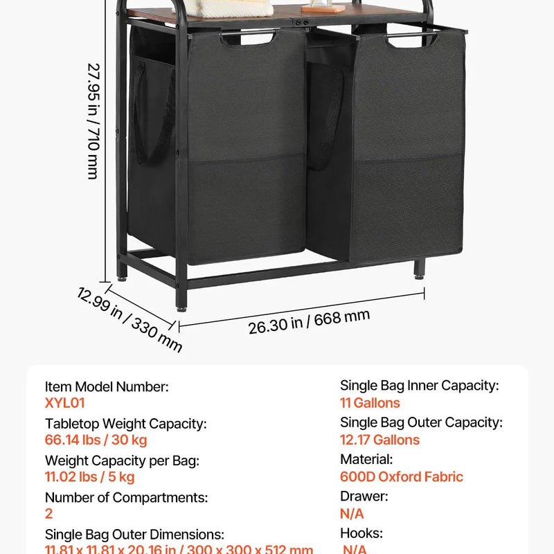2 nodalījumu veļas šķirotājs ar metāla rāmi, koka virsmu un izvelkamiem 600D oksforda auduma maisiem
