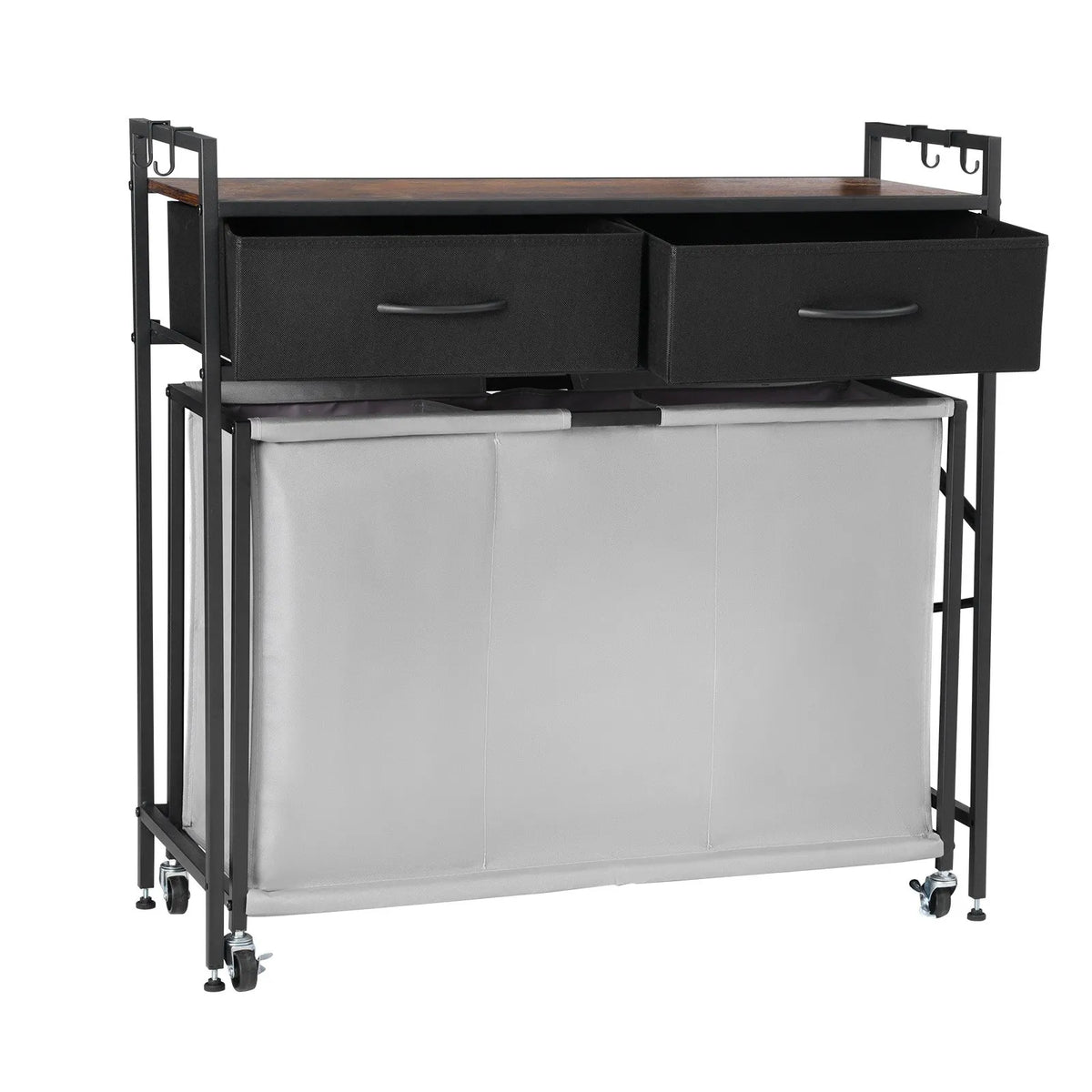 3-compartment laundry sorter, rolling laundry basket with 2 drawers, hooks and wheels, organiser with pull-out rolling bags and wooden surface for dirty laundry, suitable for bathroom