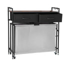 3 nodalījumu veļas šķirotājs, ripojošs veļas grozs ar 2 atvilktnēm, āķiem un riteņiem, organizators ar izvelkamiem ripojošiem maisiem un koka virsmu netīrajai veļai, piemērots vannasistabai