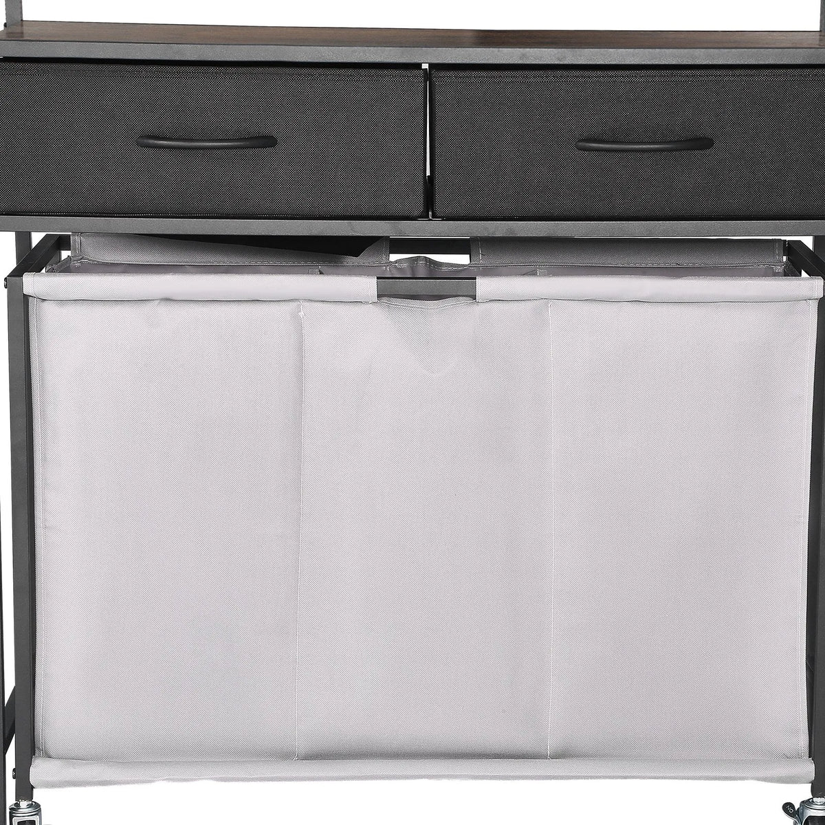 3-compartment laundry sorter, rolling laundry basket with 2 drawers, hooks and wheels, organiser with pull-out rolling bags and wooden surface for dirty laundry, suitable for bathroom