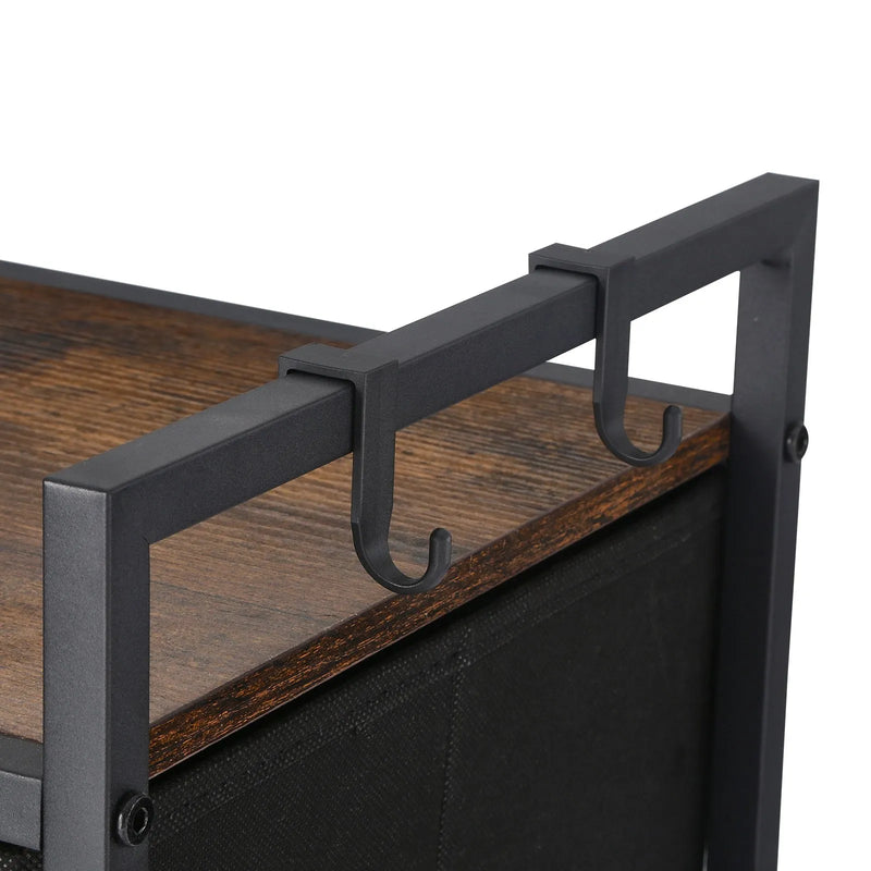 3 nodalījumu veļas šķirotājs, ripojošs veļas grozs ar 2 atvilktnēm, āķiem un riteņiem, organizators ar izvelkamiem ripojošiem maisiem un koka virsmu netīrajai veļai, piemērots vannasistabai