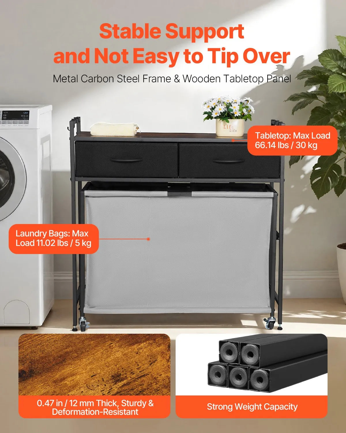 3-compartment laundry sorter, rolling laundry basket with 2 drawers, hooks and wheels, organiser with pull-out rolling bags and wooden surface for dirty laundry, suitable for bathroom