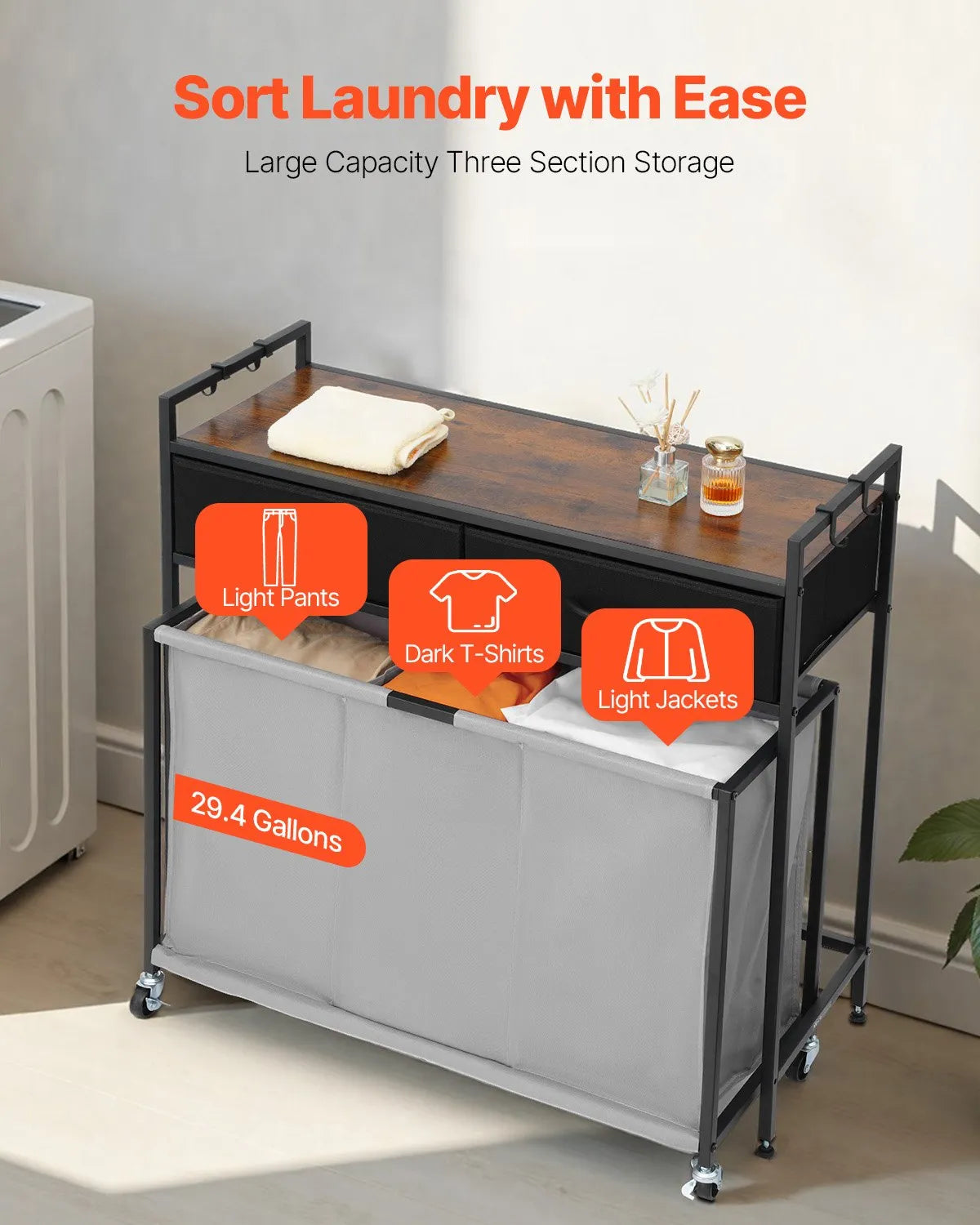 3-compartment laundry sorter, rolling laundry basket with 2 drawers, hooks and wheels, organiser with pull-out rolling bags and wooden surface for dirty laundry, suitable for bathroom
