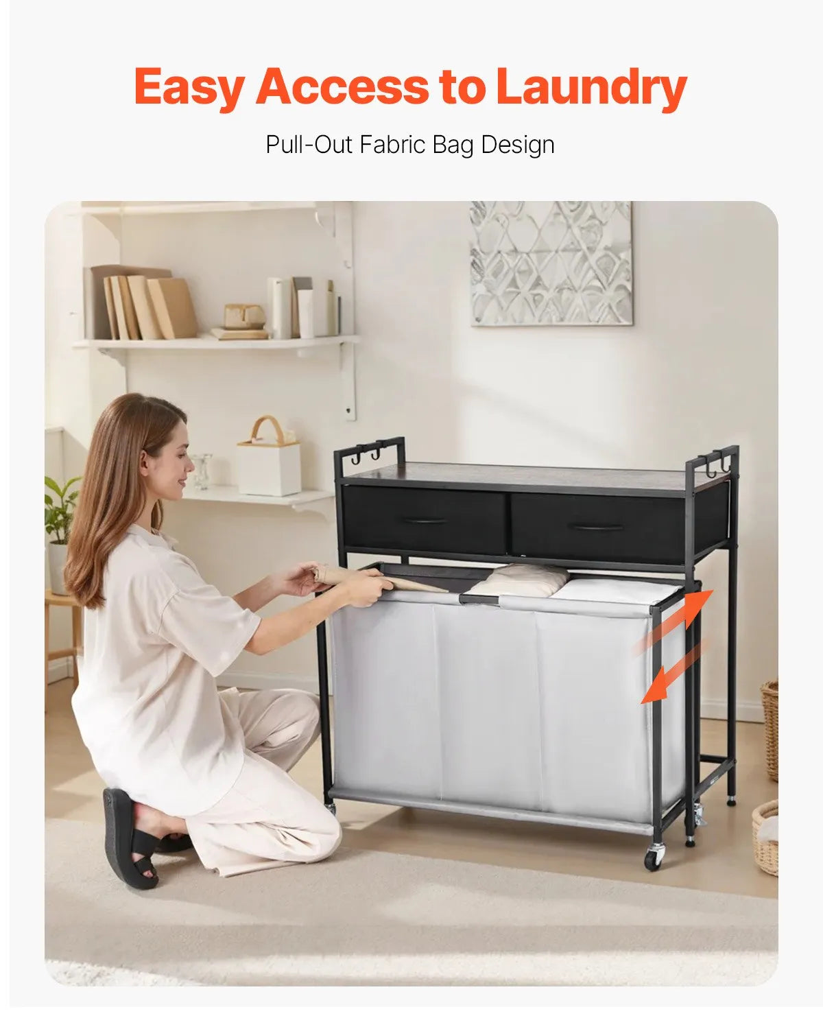 3-compartment laundry sorter, rolling laundry basket with 2 drawers, hooks and wheels, organiser with pull-out rolling bags and wooden surface for dirty laundry, suitable for bathroom