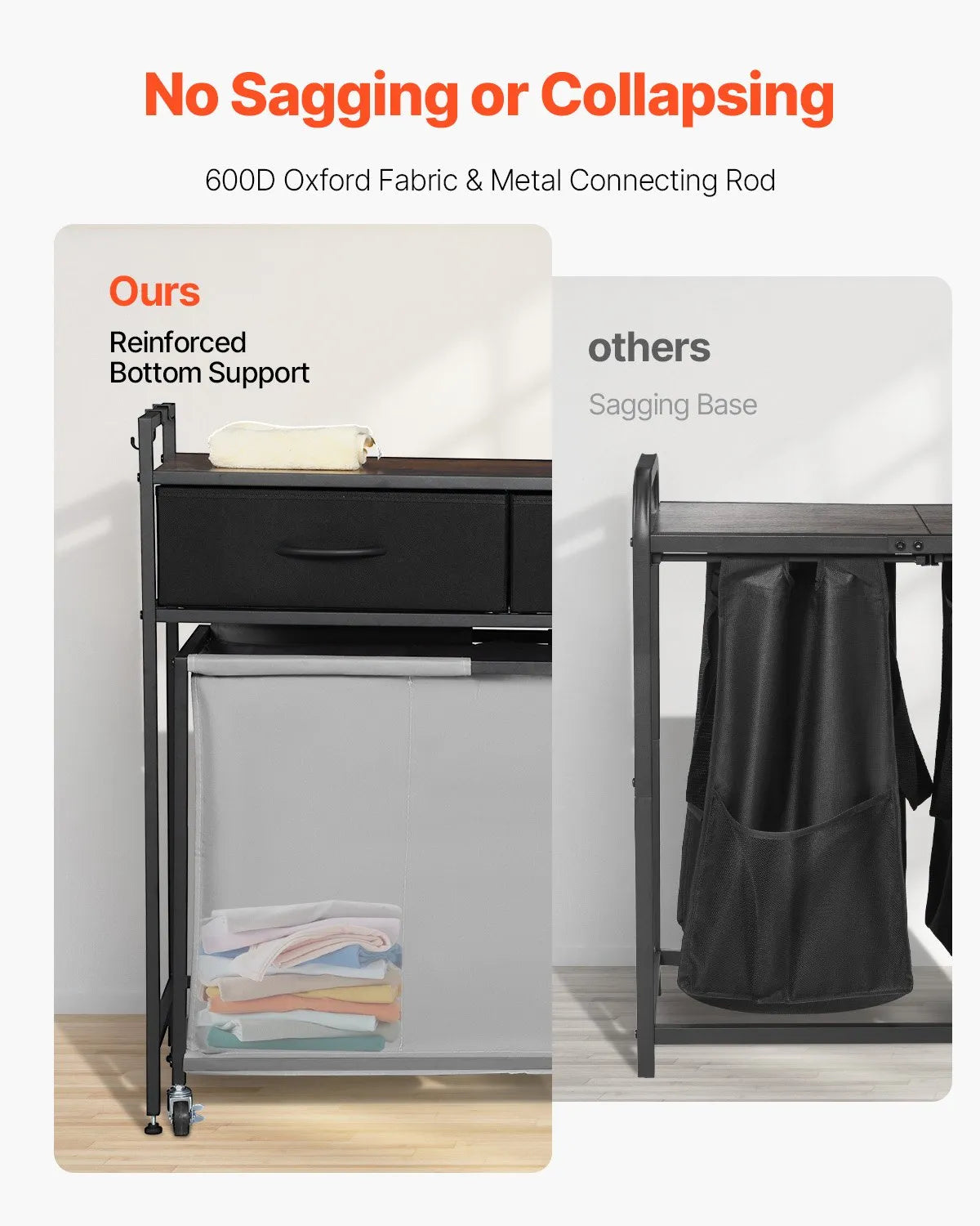 3-compartment laundry sorter, rolling laundry basket with 2 drawers, hooks and wheels, organiser with pull-out rolling bags and wooden surface for dirty laundry, suitable for bathroom