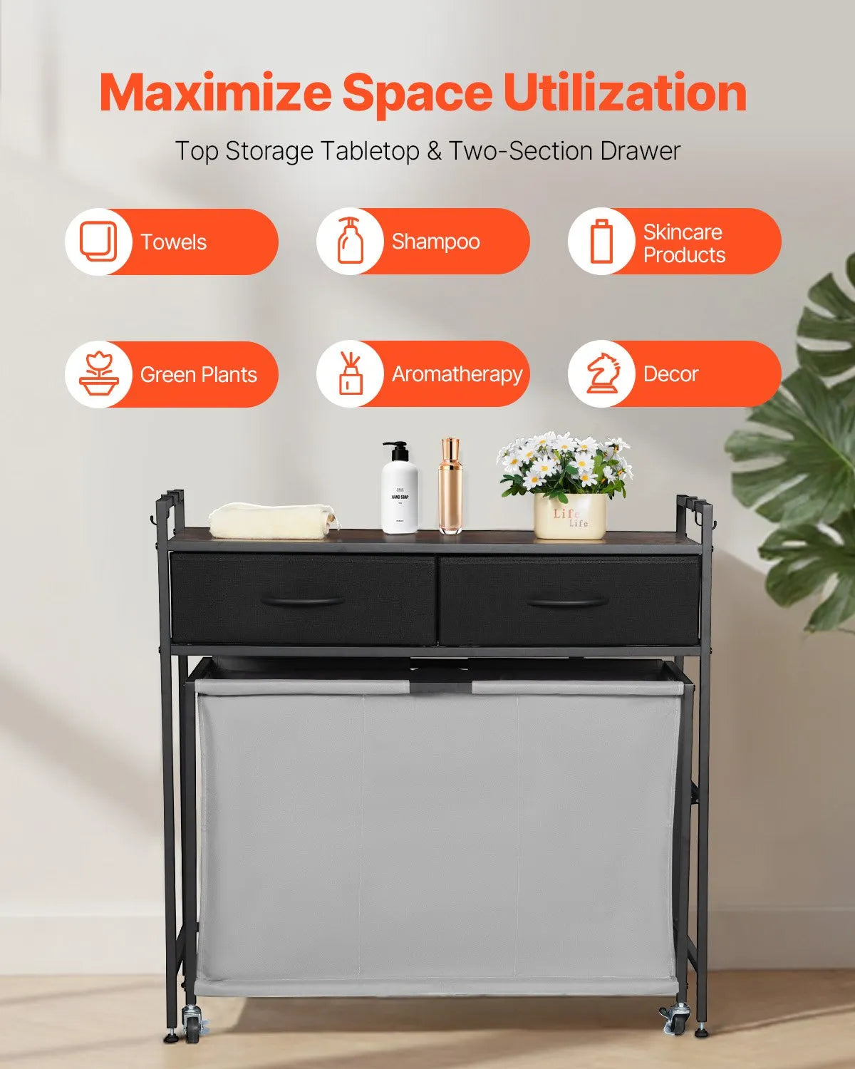 3-compartment laundry sorter, rolling laundry basket with 2 drawers, hooks and wheels, organiser with pull-out rolling bags and wooden surface for dirty laundry, suitable for bathroom