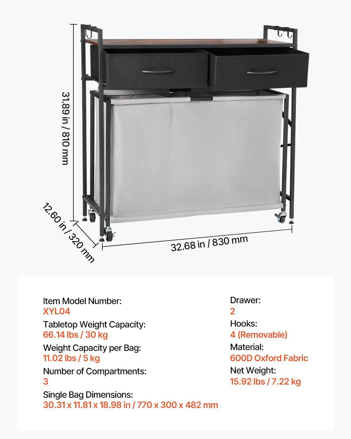 3-compartment laundry sorter, rolling laundry basket with 2 drawers, hooks and wheels, organiser with pull-out rolling bags and wooden surface for dirty laundry, suitable for bathroom