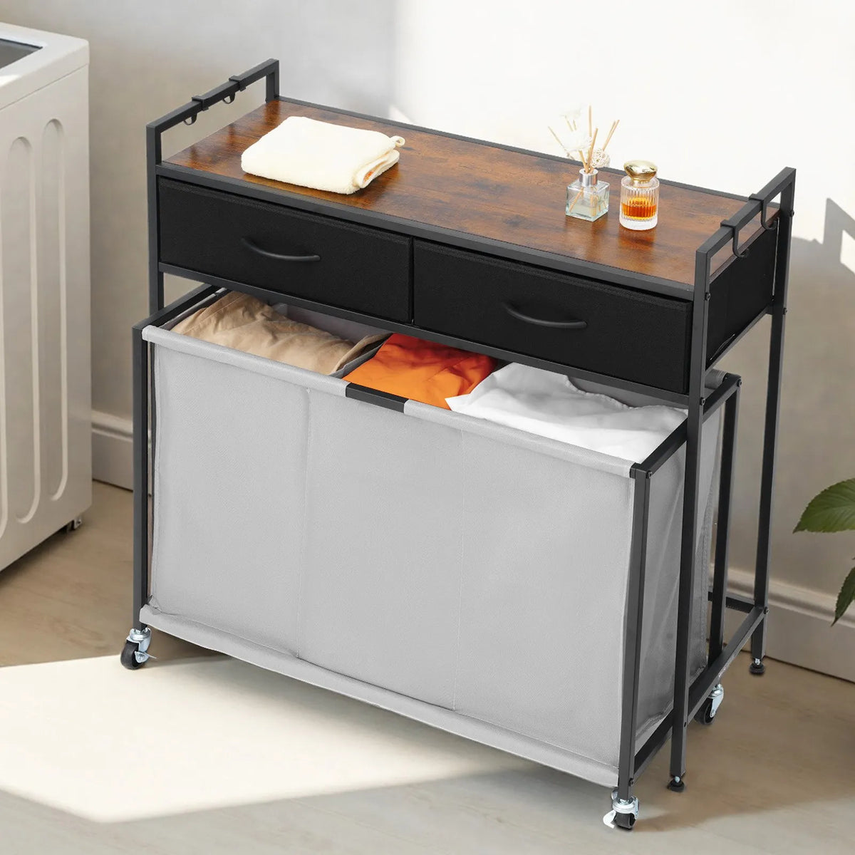 3-compartment laundry sorter, rolling laundry basket with 2 drawers, hooks and wheels, organiser with pull-out rolling bags and wooden surface for dirty laundry, suitable for bathroom