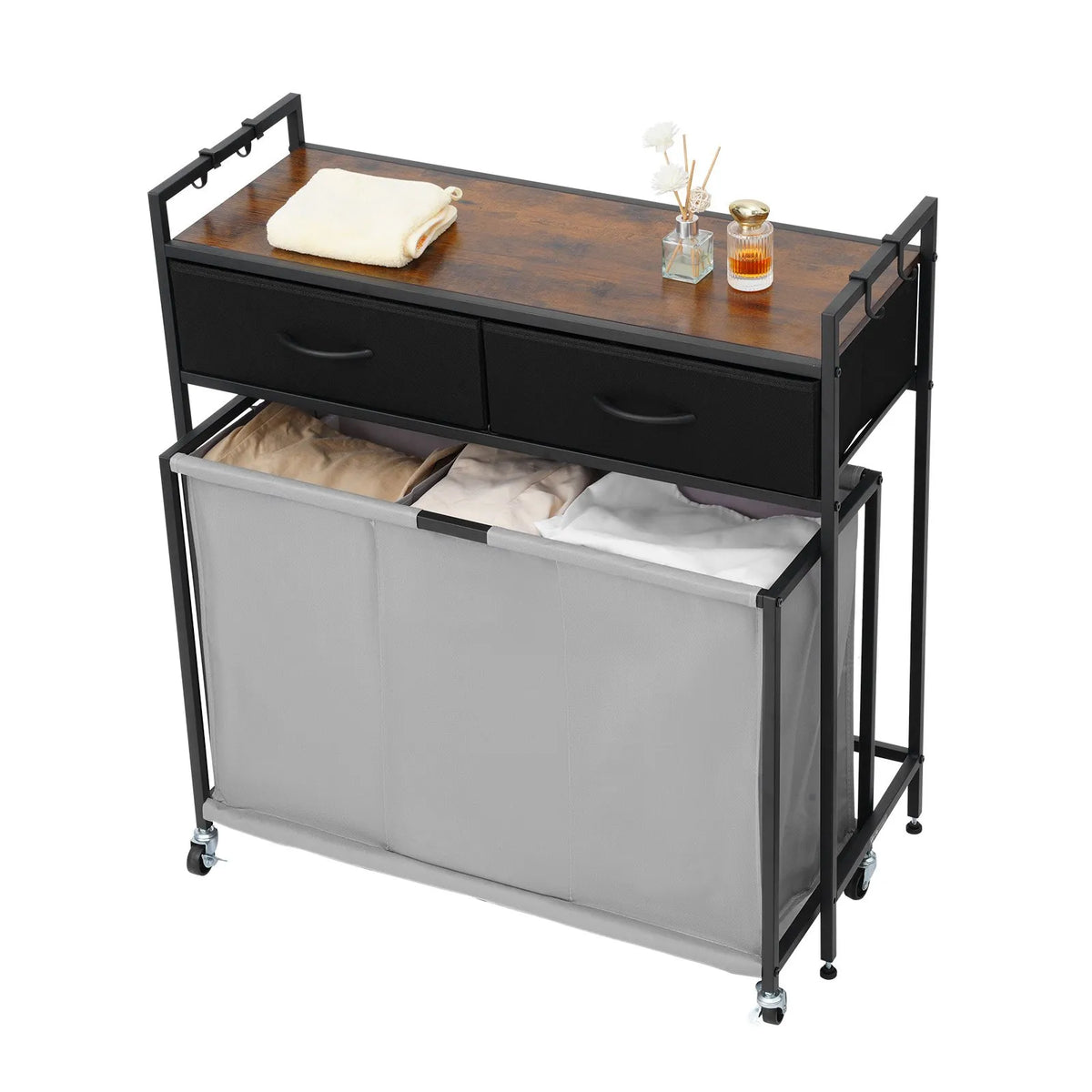3-compartment laundry sorter, rolling laundry basket with 2 drawers, hooks and wheels, organiser with pull-out rolling bags and wooden surface for dirty laundry, suitable for bathroom