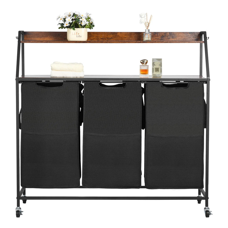 2 līmeņu veļas šķirotājs, augsts veļas grozs ar metāla rāmi un koka virsmu, 3 nodalījumu ripojošs grozu organizators ar kāpņu tipa plauktiem un 600D oksforda auduma maisiem netīrajai veļai