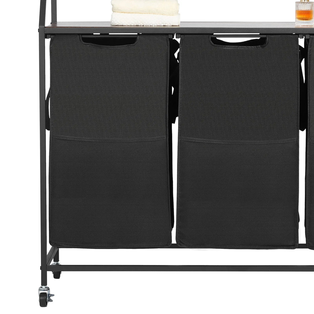 2-Tier Laundry Sorter, Tall Laundry Basket with Metal Frame and Wood Top, 3-Compartment Rolling Basket Organiser with Stair-Step Shelves and 600D Oxford Fabric Bags for Dirty Laundry
