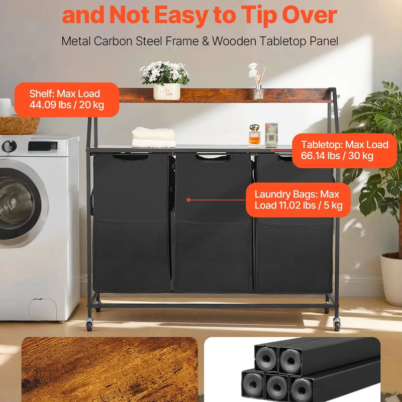 2 līmeņu veļas šķirotājs, augsts veļas grozs ar metāla rāmi un koka virsmu, 3 nodalījumu ripojošs grozu organizators ar kāpņu tipa plauktiem un 600D oksforda auduma maisiem netīrajai veļai