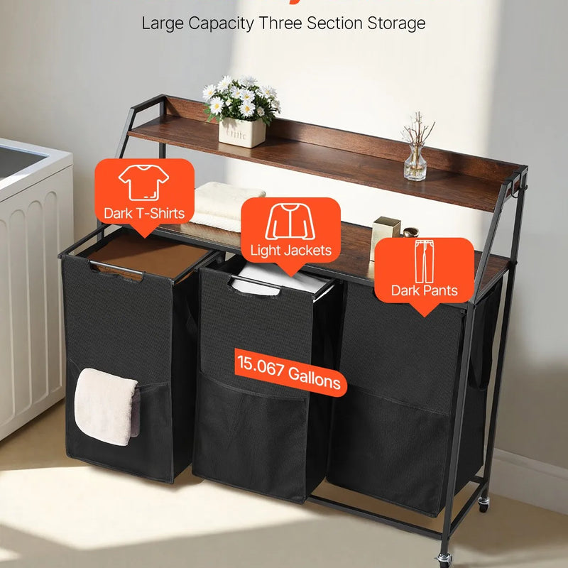 2 līmeņu veļas šķirotājs, augsts veļas grozs ar metāla rāmi un koka virsmu, 3 nodalījumu ripojošs grozu organizators ar kāpņu tipa plauktiem un 600D oksforda auduma maisiem netīrajai veļai