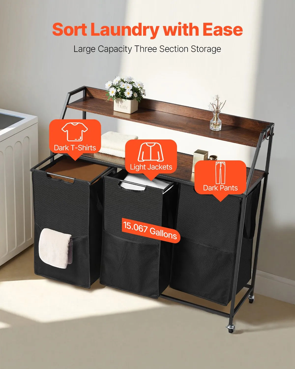 2-Tier Laundry Sorter, Tall Laundry Basket with Metal Frame and Wood Top, 3-Compartment Rolling Basket Organiser with Stair-Step Shelves and 600D Oxford Fabric Bags for Dirty Laundry
