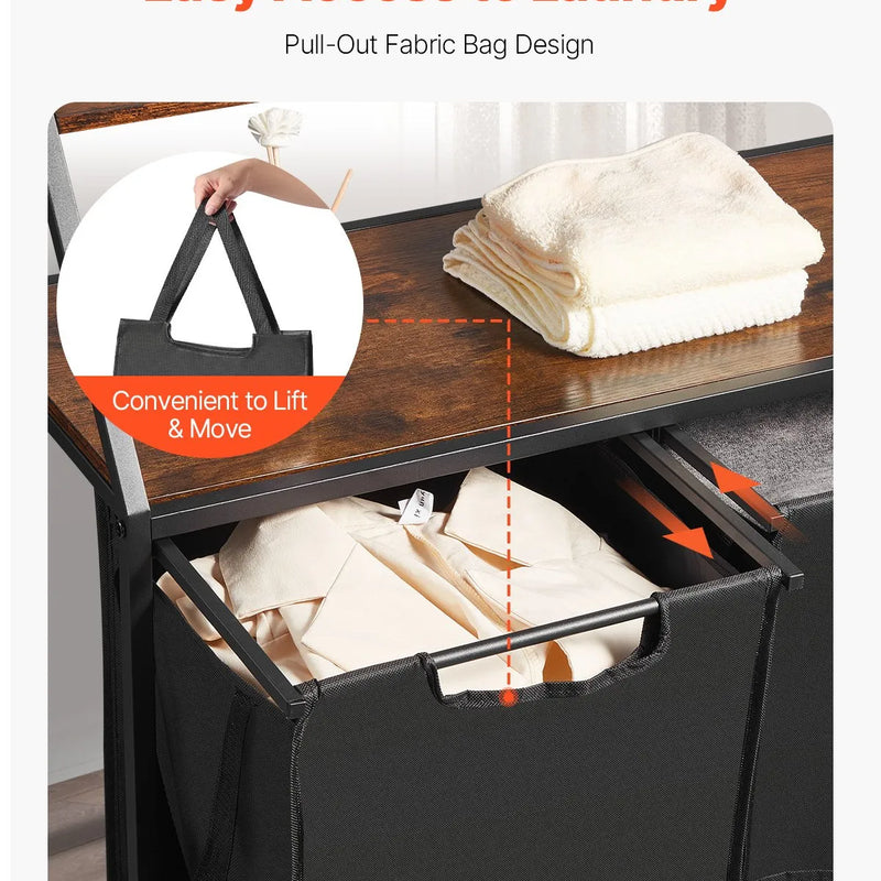 2 līmeņu veļas šķirotājs, augsts veļas grozs ar metāla rāmi un koka virsmu, 3 nodalījumu ripojošs grozu organizators ar kāpņu tipa plauktiem un 600D oksforda auduma maisiem netīrajai veļai