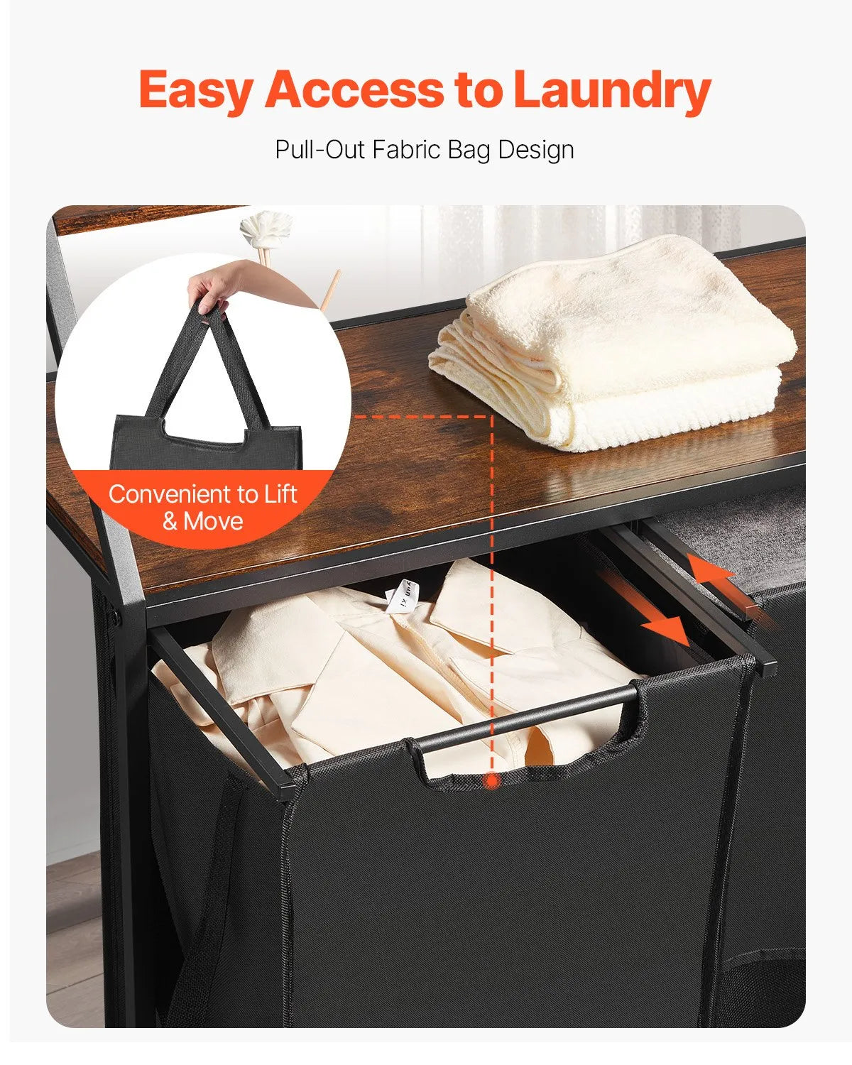 2-Tier Laundry Sorter, Tall Laundry Basket with Metal Frame and Wood Top, 3-Compartment Rolling Basket Organiser with Stair-Step Shelves and 600D Oxford Fabric Bags for Dirty Laundry